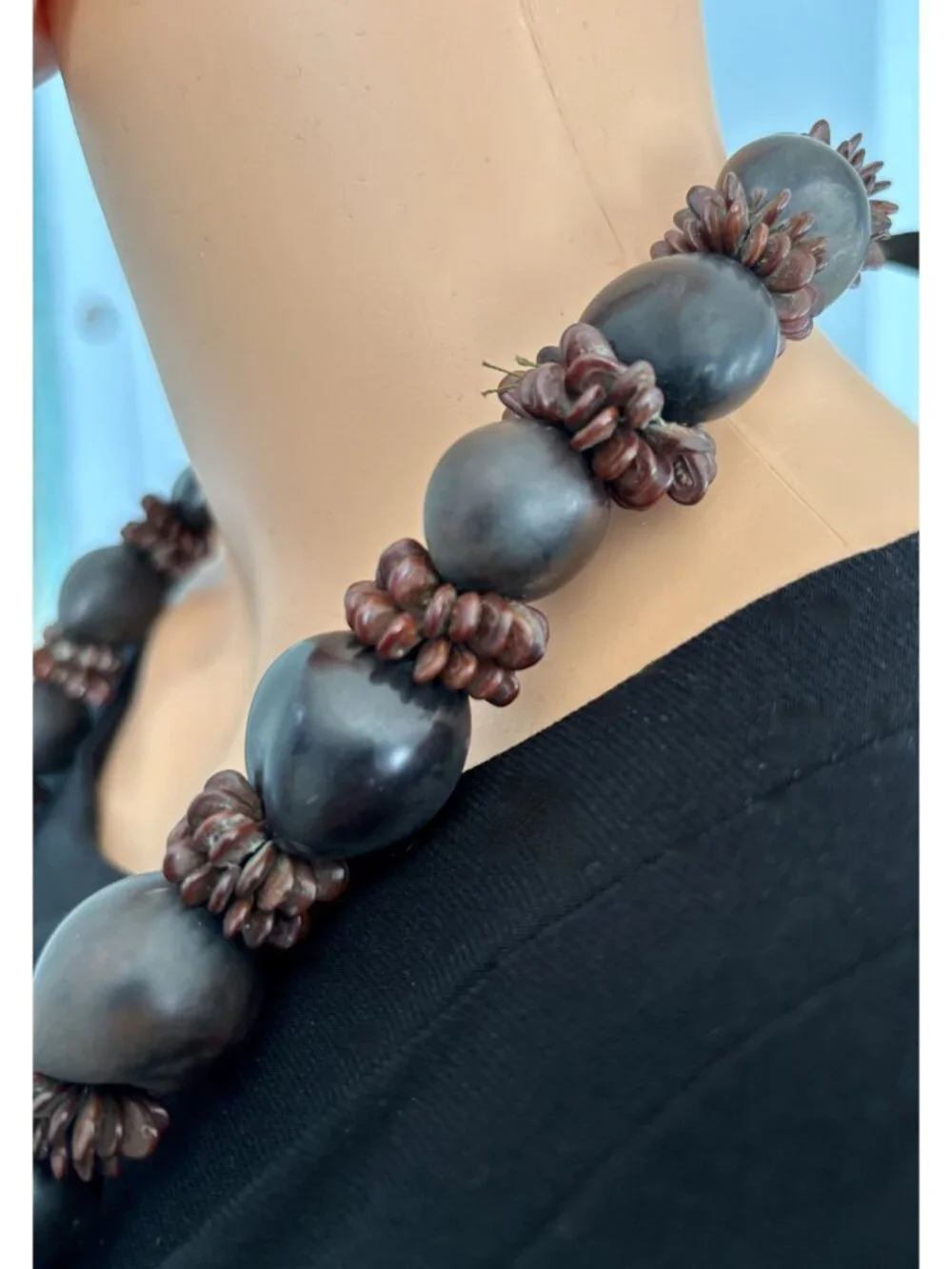 Vintage Hawaiian Lei Kukui Nut And Seeds Necklace With Ribbon Closure, Hand-Made - Picture 9 of 16